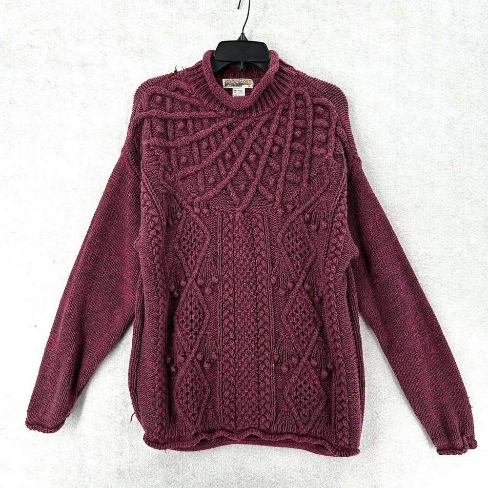 Vtg Gina Peters Sweater Womens LARGE Ramie Cable 3-D Knit Pom Poms Retro Y2K 90s
